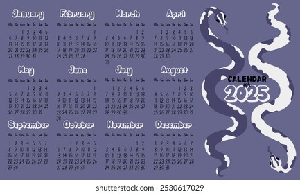 Um layout de calendário de 2025 com padrões geométricos modernos de pele de serpente em futuros tons de entardecer. Duas cobras lado a lado. Design plano minimalista com fundo escuro para planejamento. O modelo para impressão
