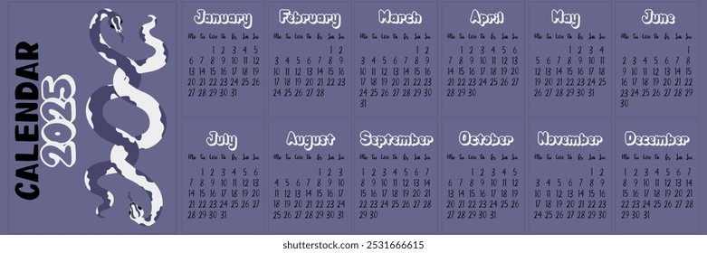 2025 calendar layout with modern geometric snakeskin patterns in shades of future twilight. Two snakes are intertwined. Minimalistic flat design with dark for planning. template printing is horizontal