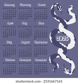 2025 calendar layout with modern geometric snakeskin patterns in future dusk tones. Two snakes are entwined together. Minimalistic flat design with dark background for planning. Template for printing