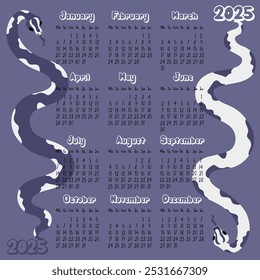 Layout de calendário 2025 com padrões geométricos modernos de pele de serpente em tons de crepúsculo futuro. Duas cobras em lados opostos. Design plano minimalista com fundo escuro para planejamento. O modelo para impressão