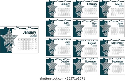 2025 Calendar Layout, Monthly calendar template for 2025 year. Calendar Set for 2025 year. Happy New Year 2025