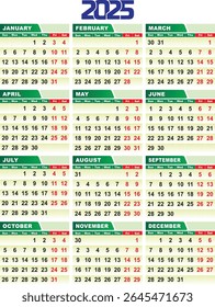 2025 calendar layout showing all months and dates, clean Sunday to Saturday grid with highlighted holidays