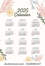 Calendario 2025 con ilustración floral de arte de línea.  Plantilla anual. Plantilla de diseño de calendario