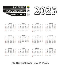 2025 calendar in Lithuanian language, week starts from Sunday. Vector Illustration.