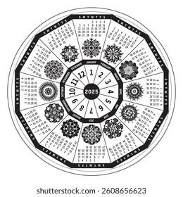 2025 Calendar with Mandalas in Black and White Colors - 12 Months Wheel - Vector Design
