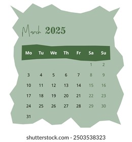 2025 Calendar: March Page on White Background. Minimalist Layout for Clear and Organized Planning. Ideal for Professional Use.