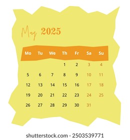 2025 Calendar: May Page on White Background. Minimalist Layout for Clear and Organized Planning. Ideal for Professional Use.