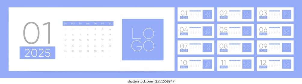 2025 Calendar. Minimalist Blue and White Monthly Layout with Custom Logo Space.