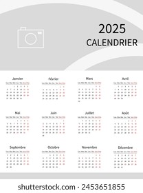 2025 calendar minimalist on french language with french holidays. Calendar with place for photo. Vector graphics