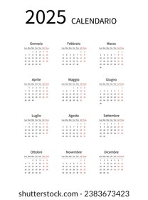 2025 calendar minimalist on Italian language with italian holidays. Week start on monday. Vector graphics	