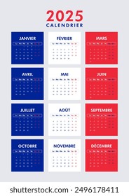 2025 calendar modern classic on French language in flag colors. Week starts on Monday. Desk or wall A4 calendar in minimalist style