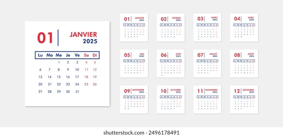 2025 calendar modern classic on French language. Week starts on Monday