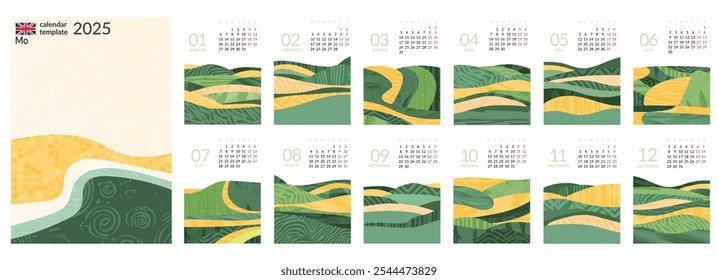 2025 calendar modern, eco-friendly design with abstract patterns of farmland, vineyard, wheat field. Stylish A4 planner with 12 pages. Vertical wall kalendar template. Week starts on Monday. A6, A5 