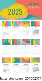 2025 Calendar with modern minimalist design featuring colorful organic shapes. The week begins on Sunday. Time, planning and schedule concept. Flat design. Removable calendar for the month.