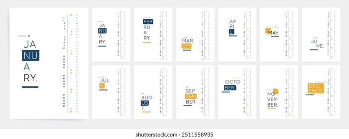 Calendário de 2025. Layout Vertical Moderno com Tipografia em Negrito e Ênfase em Cores.