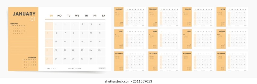 Calendário de 2025. Layout Moderno em Amarelo e Branco, com a Seção de Notas e Visão Geral Mensal.