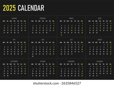 2025 Calendar. Monday first, two weekends. Simple calender layout. Desk planner template with 12 months. Yearly diary.