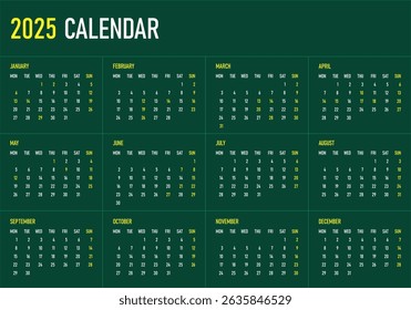 2025 Calendar. Monday first, two weekends. Simple calender layout. Desk planner template with 12 months. Yearly diary.