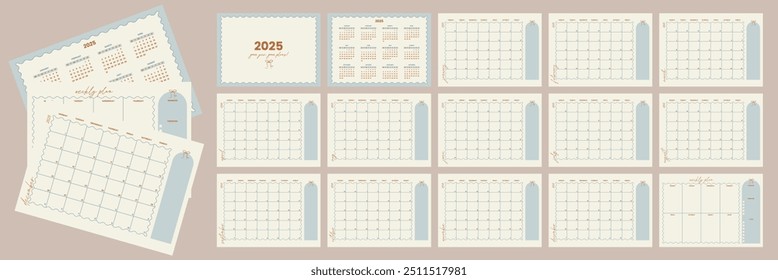 2025 Kalender, Montag Start, moderner romantischer Monatsplaner, Wochenplaner inspiriert von Koketenkern, verspieltes und elegantes Design, A4-Format