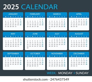 2025 calendar - Monday week start - Vector template