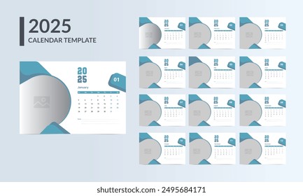 Calendario 2025, Calendario creativo 2025 Plantilla, Calendario de escritorio 2025 Plantilla y diseño de polígono 