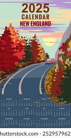 2025 Calendar Monthly New England travel vintage poster, autumn road, car. Retro illustration, fall season vector