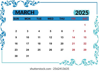 2025 Calendar Monthly Planner Design, March 2025 year vector calendar design