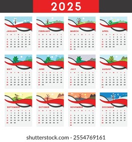 2025 Calendar. Monthly calendar template for 2025 year. Seasonal Theme Calendar. Week Starts Sunday. Yearly Calendar Template, Minimalist 2025 Planner, 2025 Printable Layout vector illustration