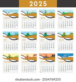 2025 Calendar. Monthly calendar template for 2025 year. Seasonal Theme Calendar. Week Starts Sunday. Yearly Calendar Template, Minimalist 2025 Planner, 2025 Printable Layout vector illustration