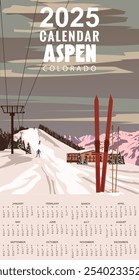 2025 Calendar Monthly Travel poster retro Resort Aspen Ski Colorado USA winter landscape travel card