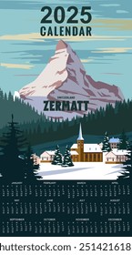 2025 Calendar Monthly Zermatt Ski resort poster, retro. Alpes Winter travel card