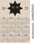 2025 Calendar with Mystical Celestial sun. Annual 2025 Calender in trendy Retro Grunge style. Folk Vector illustration. EPS 10