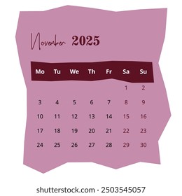 2025 Calendar: November Page on White Background. Minimalist Layout for Clear and Organized Planning. Ideal for Professional Use.