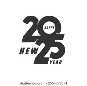 2025 calendar number and New Year greeting for holiday date typography, vector icon. 2025 year bold vertical font and Happy New Year greeting in retro or modern creative trendy design for calendar