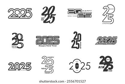 2025 calendar numbers with Happy New Year greeting for holiday date, vector icons set. 2025 Happy New Year in retro or modern trendy font text for calendar, invitation poster or social media banner