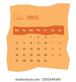 2025 Calendar: October Page on White Background. Minimalist Layout for Clear and Organized Planning. Ideal for Professional Use.