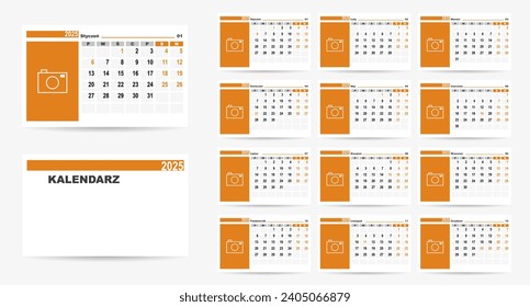 2025 calendar on polish language with polish holidays. Poland calendar. Week starts from Monday. Vector graphic. Calendar with place for photo.	