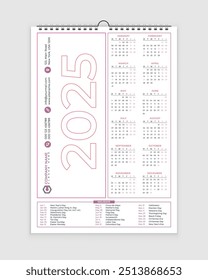 2025 Calendar - one page Wall Calendar - Single Page Calendar - 12 months Calendar - holidays 