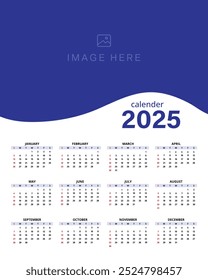 Calendário 2025, modelo de planejador de design de negócios A4 de uma página com semanas começando no domingo. Modelo de calendário anual para 2025.