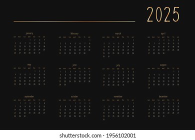 2025 calendar for personal planner diary notebook, gold on black luxury rich style. Horizontal landscape format. Week starts on sunday