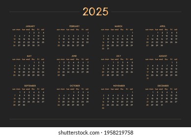 2025 calendar for personal planner diary notebook, gold on black luxury rich style. Horizontal landscape format. Week starts on sunday