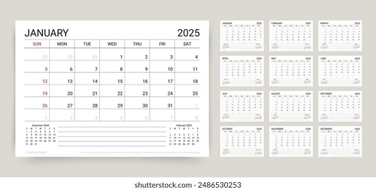 2025 calendar. Planner calender template. Week starts Sunday. Yearly organizer with 12 month. Table schedule grid. Desk timetable layout for year. Horizontal monthly diary. Vector simple illustration