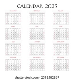 2025 calendar planner. Corporate week. Template layout, 12 months yearly, white background. Simple design for business brochure, flyer, print media, advertisement. Week starts from Monday