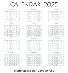 2025 calendar planner. Corporate week. Template layout, 12 months yearly, white background. Simple design for business brochure, flyer, print media, advertisement. Week starts from Monday