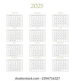 2025 calendar planner. Corporate week. Template layout, 12 months yearly, white background. Simple design for business brochure, flyer, print media, advertisement. Week starts from Monday