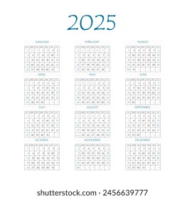 2025 calendar planner. Corporate week. Template layout, 12 months yearly, white background. Simple design for business brochure, flyer, print media, advertisement. Week starts from Monday