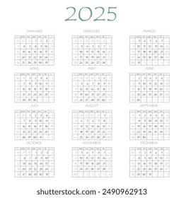 2025 calendar planner. Corporate week. Template layout, 12 months yearly, white background. Simple design for business brochure, flyer, print media, advertisement. Week starts from Monday