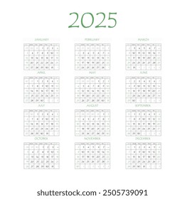 2025 calendar planner. Corporate week. Template layout, 12 months yearly, white background. Simple design for business brochure, flyer, print media, advertisement. Week starts from Monday