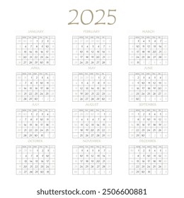 2025 calendar planner. Corporate week. Template layout, 12 months yearly, white background. Simple design for business brochure, flyer, print media, advertisement. Week starts from Monday