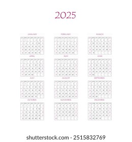 2025 calendar planner. Corporate week. Template layout, 12 months yearly, white background. Simple design for business brochure, flyer, print media, advertisement. Week starts from Monday